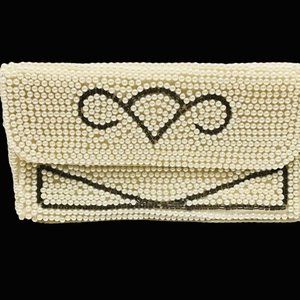 Vintage Clutch Bag Purse Faux Pearls and beads Made Japan Prom Wedding 8"x4.5"